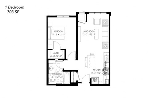 Floor plan for 1 bed, 1 bath, 748 sqft